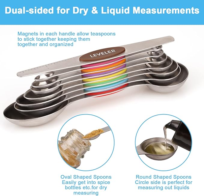 Aovchei 8 pcs Multi-Color Magnetic Measuring Spoons Set | Dual Sided, Stainless Steel Small Tablespoon, Teaspoons, Fits in Spice Jars, for Dry and Liquid