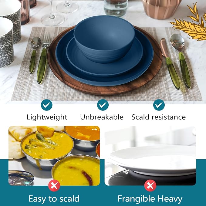 Teivio 32-Piece Plates and Bowls Sets for 8, Autumn Blue Dinnerware Sets | 13.5oz Cups, Plastic Wheat Straw Unbreakable Dish Set, Dishwasher Safe, for Outdoor Camping RV Apartment Essentials Plate Set