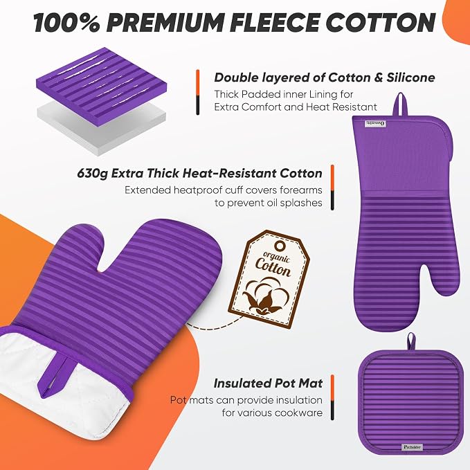 Oven Mitts Kitchen Towels and Dishcloths with Pot Holders Sets, Oven Gloves Hot Pads 500°F Heat Resistant with Silicone Grip, Include 2 Cooking Gloves/2 Potholders/4 Kitchen Towels/4 Dish Towels