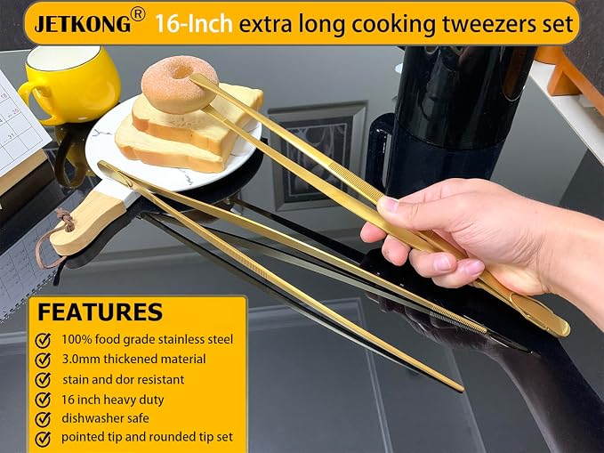 JETKONG 2 Pcs 16-Inch Heavy Duty Cooking Tweezers Extra Large Stainless Steel Food Tweezers Gaint Kitchen Tweezer Tongs (Gold)