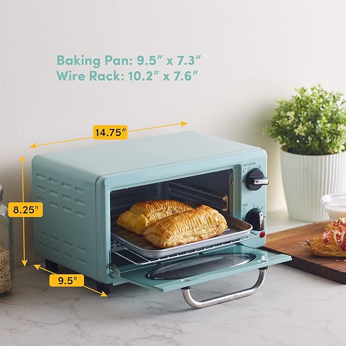 Elite Gourmet ETO147M Retro Diner Toaster Oven, Fits 8" Pizza, 1000W, Mint | 60-Min Adjustable Timer & Temp Control, Bake & Toast functions, 2-Slice, Countertop Design, Americana Collection