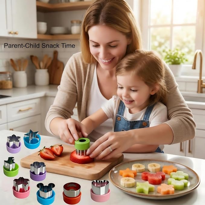 9 PCS 1.5 In Mini Fruit Vegetable Cookie Cutters Set for Kids | Stainless Steel Small Sandwich Food Cutter Shapes, Fun Shaped Tiny Dinosaur Heart Star Circle Flower for Lunch, Cheese & Clay