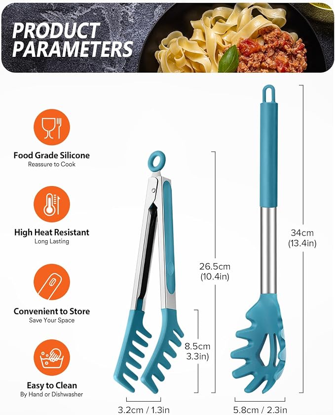 Silicone Spaghetti Spoon & Pasta Tong, Non-Stick Stainless Steel Handle Pasta Fork Set with Teeth, Food Clip for Easy Serving of Noodles (Blue)