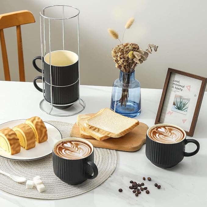 HASENSE Coffee Mug Ceramic Set of 4 with Stand, Stackable Large Latte Cups with Metal Stand, Dishwasher & Microwave Safe, Black for Cappuccino Tea Hot Cocoa
