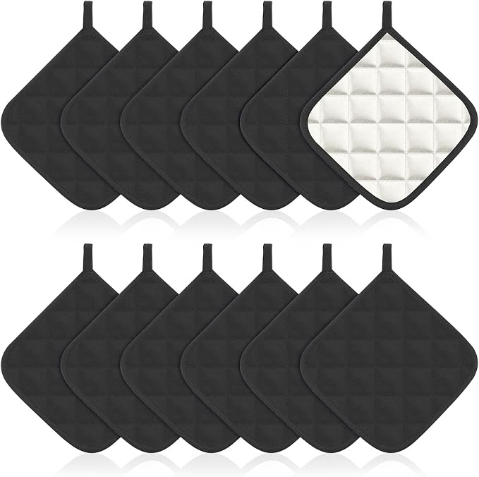 Bokon 12 Pcs Pot Holders for Kitchen, Black Potholders Sets, Heat Resistant Cotton Hot Pad Oven Mitts Trivet with Hanging Loops for Baking Cooking