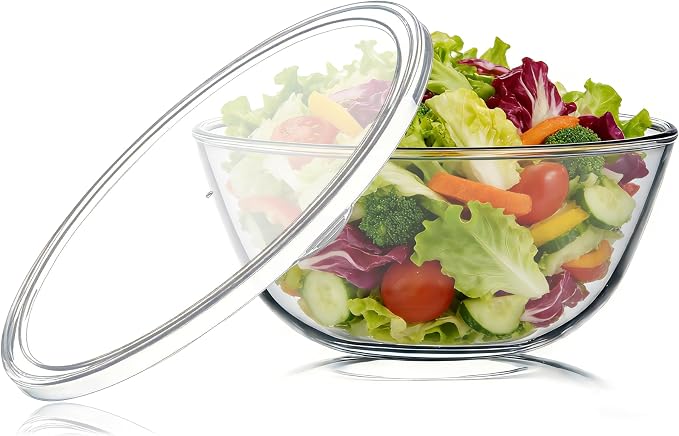 Large Glass Mixing Bowl, 4.7 Quart Large Glass Salad Bowl with Lid (Deep, Wide Design)
