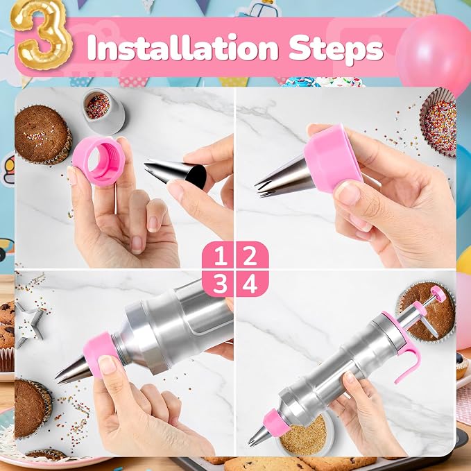 Cake Decorating Tools Supplies Kit: 164pcs Baking Accessories, Dessert Piping Syringe and Icing Tips Set - Puffs Cupcake Frosting Piping Bakery Set for Adults Beginners or Professional, Pink