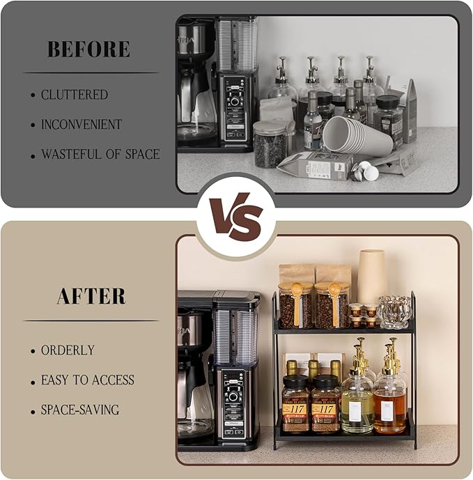 ANBOXIT 2-Tier Coffee Station Organizer, Wooden Kitchen Counter Shelf | for Coffee Bar Accessories, Condiment Storage Caddy for Kitchen, Home, Office - Black