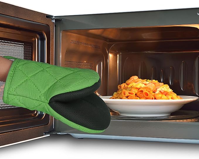 Goldmeet Mini Oven Mitts 2-Pack, 7"x5.5", 500°F Silicone Grip, Dark Green | Non-Slip, Heat Resistant, Machine Washable, Hanging Loop, Fits Small Hands, for Baking Grilling BBQ Cooking