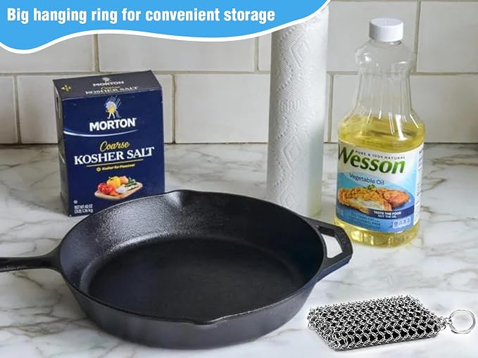 Herda 316L Cast Iron Scrubber Cleaner, Large Chainmail Cast Iron Cleaner | Honeycomb Silicone Insert, Flexible,Stainless Steel Chain Mail Metal Sponge Scrub Skillets,Oven,Flat Top,Grill Pan Pot Brush
