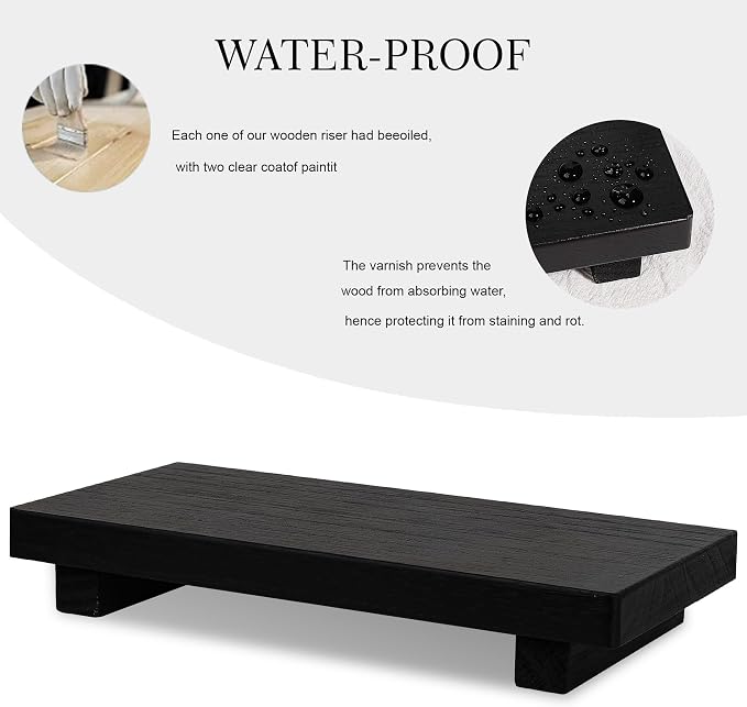 Wood Bathroom Tray Farmhouse Decor Kitchen Soap Holder, 10"x4.5" Black | Waterproof, Lightweight, Easy Clean, Small Wooden Riser Pedestal Stand Accessories for Office Desk, Vanity, Counter, Sink