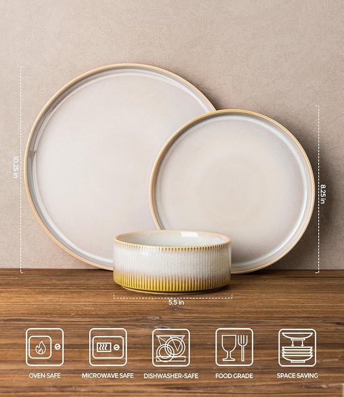 Ceramic Dinnerware Set for 4, 12-Piece Plates and Bowls Set | Lightweight Porcelain Dish Set, Scratch Resistant, Oven & Microwave & Dishwasher Safe, Autumn Haze