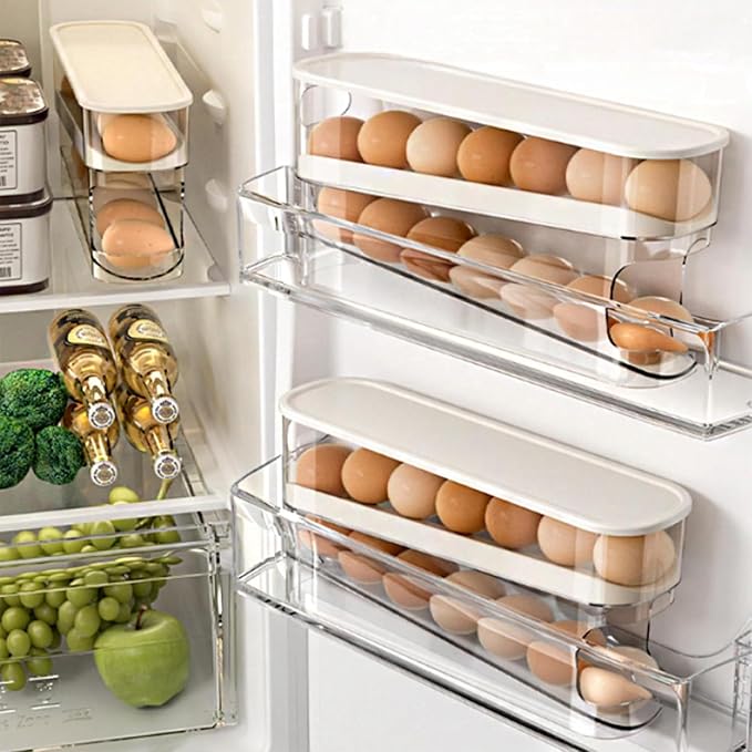 WACOI Auto Rolling Fridge Egg Organizer, Space Saving Eggs Dispenser for Refrigerator Storager with Lid,Egg Holder for Fridge 2 Pack