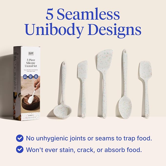 GIR 5-Piece Silicone Kitchen Utensils Set, Non-Toxic Cooking Utensils for Cooking and Baking, Heat Resistant, Food Grade, Dishwasher Safe Rubber Spatula, Ladle, Spoon - Party Confetti
