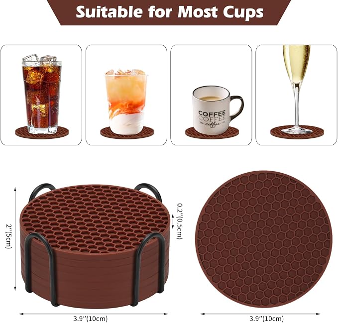 TWTLi Silicone Coasters Set of 8 with Holder — Non-Slip Drink Coasters for Coffee Table, Home Bar & Kitchen, Protects Wood & Marble Surfaces from Water Rings, Dishwasher Safe (Brown)
