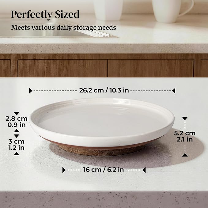Ceramic Lazy Susan Turntable Organizer, 10.3 Inch Round Rotating Tray with Acacia Wood Base, White Speckled Glazed Spice Rack for Kitchen Countertop, Dining Table,Farmhouse Decor，Khaki White