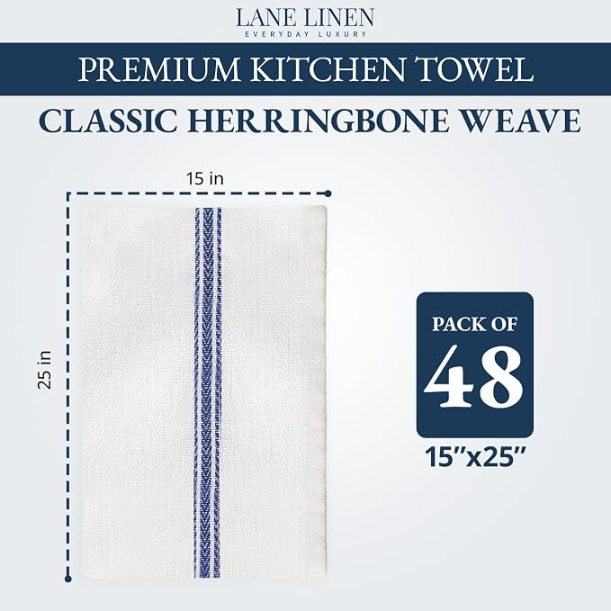 LANE LINEN Kitchen Towels Bulk Set - 100% Pure Cotton Dish Towels for Kitchen, Super Absorbent Kitchen Hand Towel, Blue Tea Towels, Soft & Durable Dish Cloths, Pack of 48 – 15”x25”, Blue Stripe