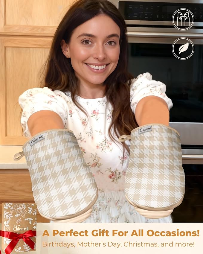 100% Thick Cotton Oven Mitts Ribbed Soft Silicone Beige Gingham | Aesthetic Oven Mitts for Women, Machine Washable Non-Slip Kitchen Mitts, Reversible for Both Hands, Stylish Kitchen Decor