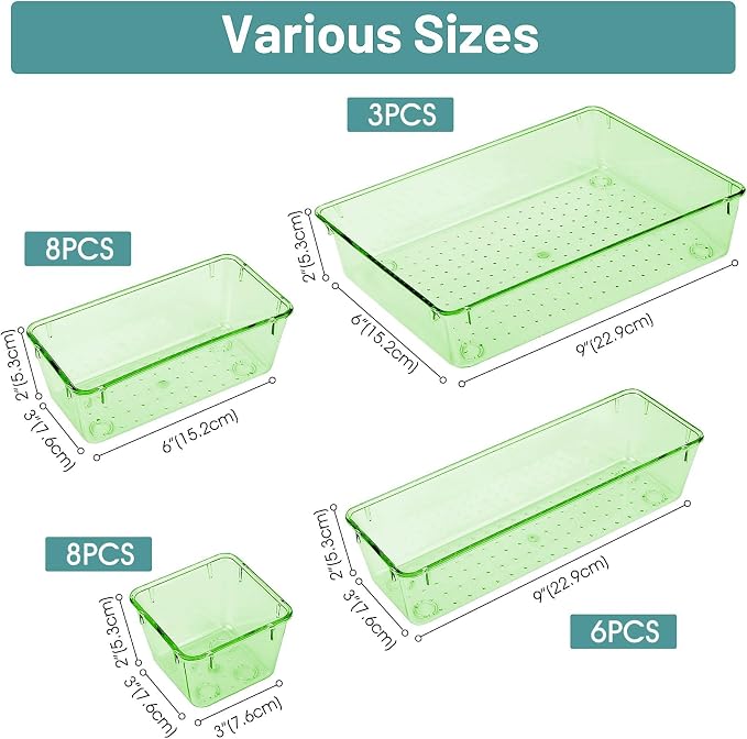 25 PCS Plastic Drawer Organizer Set, Makeup Organizers and Storage Bins | 4 Sizes Desk Drawer Divider Organizers and Storage Bins for Jewelry, Gadgets for Kitchen, Bedroom, Bathroom, Clear Green