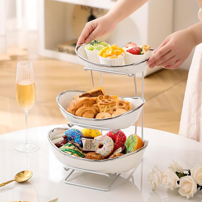 Gold Silver Fruit Bowl with Metal Stand, 3 Tier Ceramic White Fruit Bowl Fruit Rack for Kitchen Counter, Tiered Fruit Basket for Snacks Bread Candy Storage (Silver (Smooth Surface))