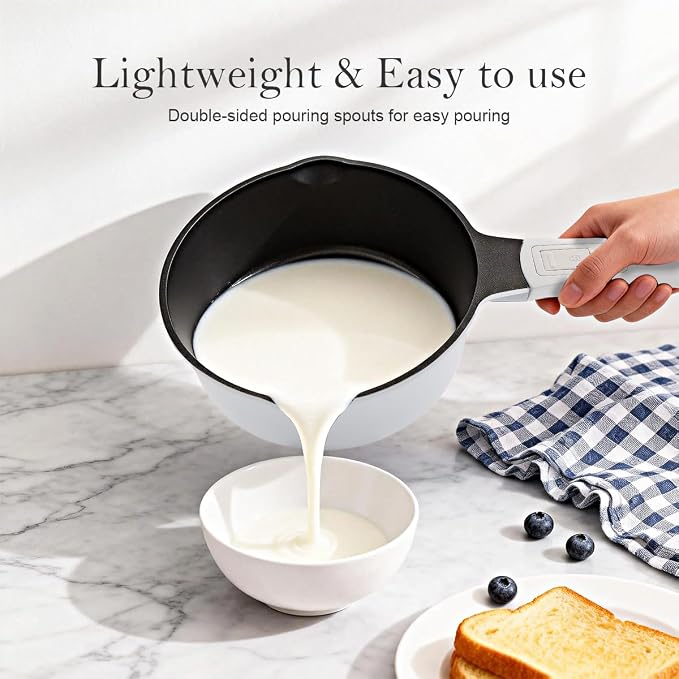 2.5 Qt Saucepan with Lid, Nonstick Sauce Pot with Pour Spout, White | Milk Pot with Detachable Handle, Compatible for All Stoves Including Induction, Oven Safe, PFOA PFAS PTFE Free