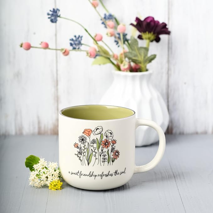 Christian Art Gifts Large Ceramic Coffee & Tea Mug for Women & Friends: Sweet Friendship - Proverbs 27:9 Scripture, Cute Microwave/Dishwasher Safe Floral Cup, Sage Green/White, 15 oz. (Pack of 2)