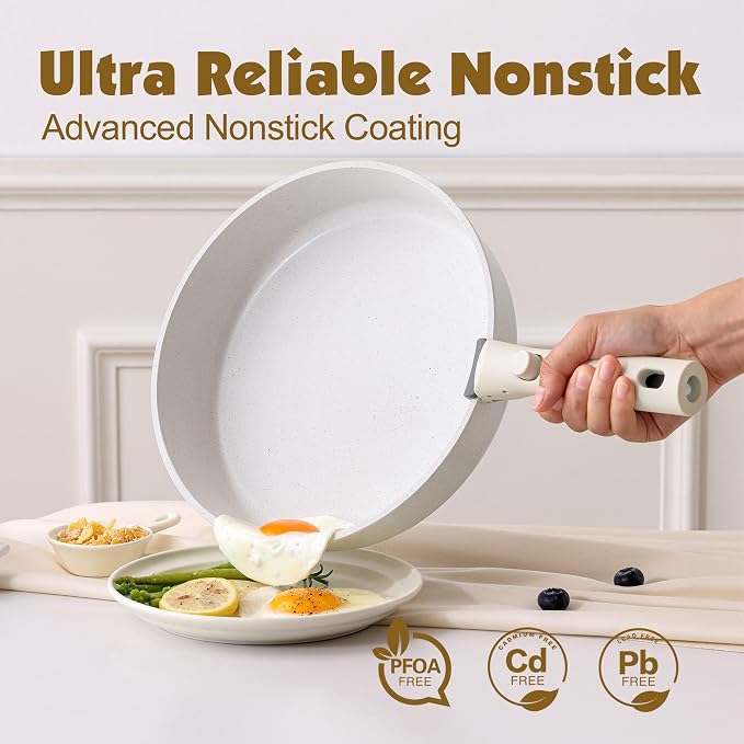 SENSARTE 17 Piece Nonstick Detachable Handle Pots and Pans Set White | Removable Handle Cookware Set, Induction Cookware Set with Removable Handle, Healthy Non Stick for RV, Dishwasher ＆ Oven Safe