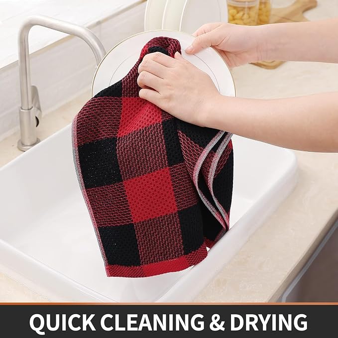 Homaxy Kitchen Towels and Dishcloths Set, Set of 12, Black & Red | Bulk Cotton Waffle Weave Check Plaid Kitchen Towels, Super Soft and Absorbent Dish Cloths, 12 x 12 and 13 x 28 Inches