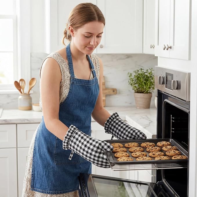 Twistover Checkered Oven Mitts 2-Pack Set, Cotton Gloves,Black | 13.5x6.5 Inch Size with Ruffle Trim, Non-slip Heat Resistant for Baking BBQ Microwave, Plaid Cotton for Cooking