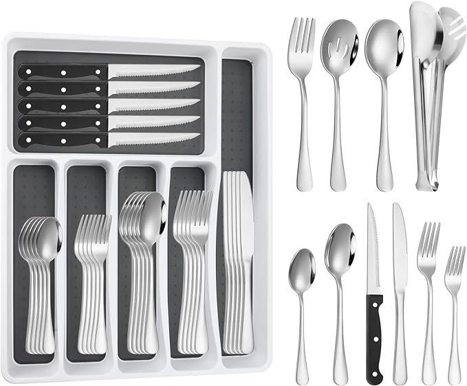 53PCS Silverware Set for 8 with Flatware Drawer Organizer, Stainless Steel Cutlery Set with Steak Knives, Include Spoons and Forks Set & Serving Utensils, Mirror Polished, Dishwasher Safe