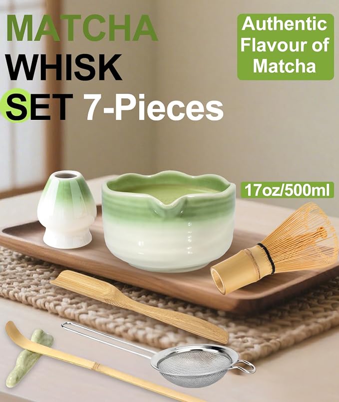 JBER Matcha Set, 7PCS Matcha Whisk Set with Bamboo Whisk for Matcha Starter | Ceramic Matcha Kit Includes 17oz Bowl, Whisk (Chasen) 100 Prongs, Holder, Spoon, Sifter for Matcha Beginners, Gradient Green