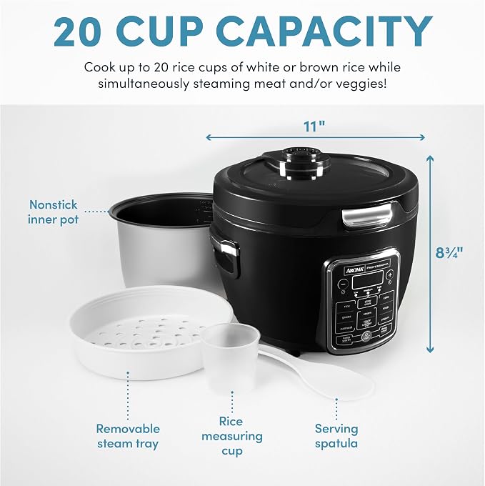 Aroma Professional Touch Glass Lid, Food Steamer, Slow Cooker, Multicooker with 11 Preset Functions, Steam Tray, Measuring Cup, Rice Spatula, 20 Cooked