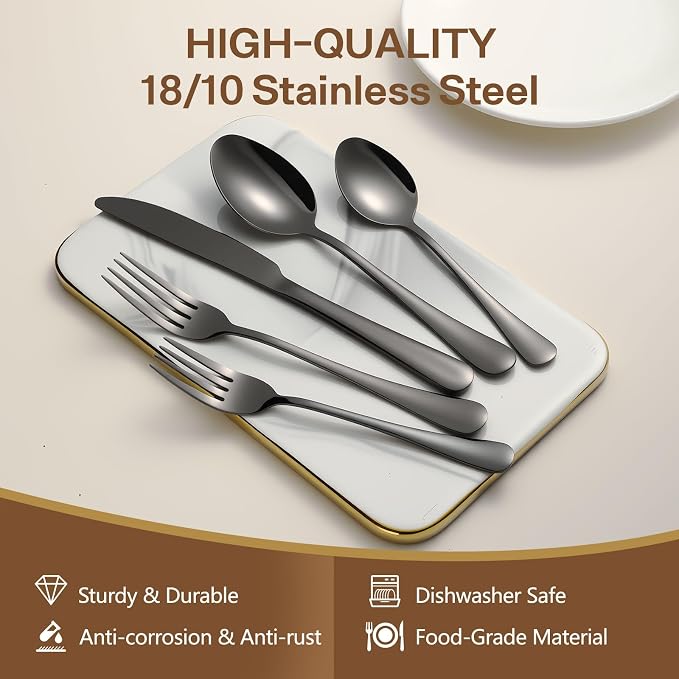 Black Silverware Set, 30 Piece Flatware Cutlery Set for 6, 18/0 Stainless Steel Silverware, Mirror Polished Cutlery Utensil Set Includes Knife Fork Spoon For Home Kitchen Restaurant Gift