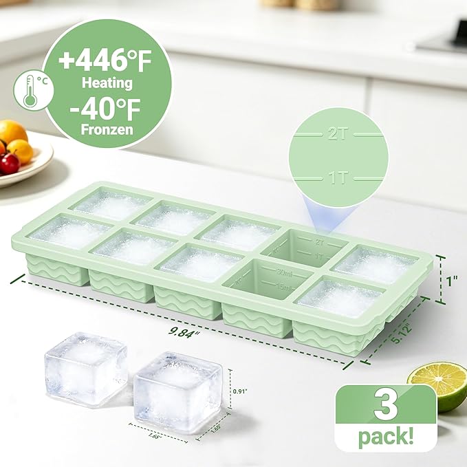 3-Pack Ice Cube Trays with Lid, 10 Cubes 2 Tbsp, Silicone Tray for Freezer | BPA Free, Leak-proof Lid, Freeze Ice Cubes, Chocolates, Sauces, Juices, Fruit Purees, Meal Prep, Cocktail, Coffee, Soup, Food