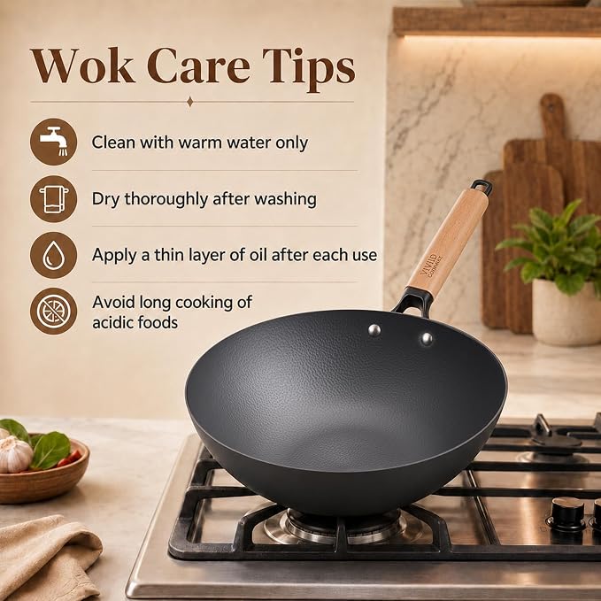 12.6 Inch Carbon Steel Wok Pan with Lid, 4.8 Qt Flat Bottom Stir Fry Pan with Self-Standing Glass Lid, Coating-Free Wood Handle Wok for Induction, Gas, Electric & Ceramic Stovetops