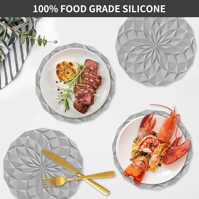 ME.FAN Silicone Trivet Mats - 4 Pack Pot Holders - 7.4'' Thickened Hot Pads for Hot pots, Pans and Dishes, Heat Resistant Silicone Trivet for Table and Counter Top Light Grey