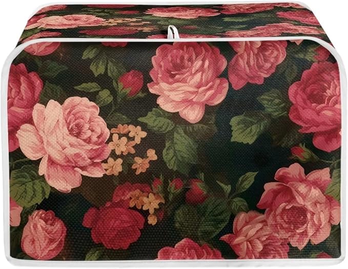 Flower Peony Toaster Cover - 2 Slide Wide Slot Small Appliance Decoration Accessory, Dustproof Bakeware Cover, Red