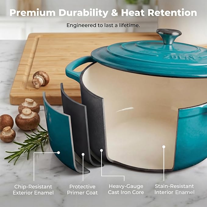 Zulay Kitchen 5 Quart Enameled Cast Iron Dutch Oven Pot with Lid – Premium Durability & Oven Safe up to 500°F – Heavy Duty Cookware Perfect for Bread Baking, Stews, Braising & Roasting – Light Blue