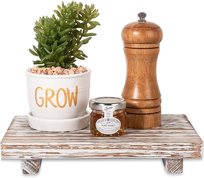Wood Bathroom Tray Farmhouse Decor Kitchen Soap Holder, 9"x6" Retrowhite | Waterproof, Lightweight, Easy Clean, Small Wooden Riser Pedestal Stand Accessories for Office Desk, Vanity, Counter, Sink
