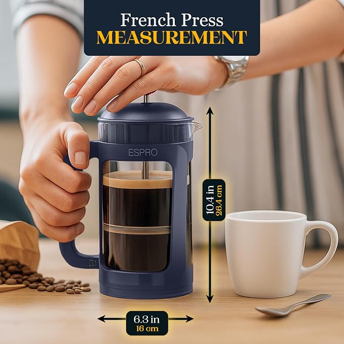 ESPRO P3 French Press Coffee Maker, 32oz, Blue, Double Micro Filter Press | Grit-Free Coffee Press, Thicker Borosilicate Heat Resistant Glass french press, Tea Press, Easy Coffee Brewer, Tea Brewer
