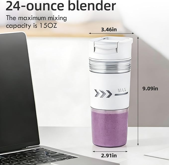 Portable Blender, Cordless, 24oz Personal Blender for Smoothies and Shakes – BPA-Free, USB-C Rechargeable, Dishwasher-Safe Parts, Leak-Proof Lid & Small Clear Cup Included, Holiday Gift Idea