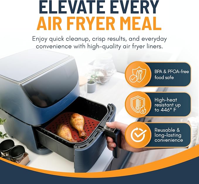 Reusable Square Silicone Air Fryer Liners (7.5 Inch, 3 Pack) by Linda’s Essentials - Non-Stick, Easy-Clean Accessories with Cheat Sheet & Recipe Book, Perfect for Quick Meals