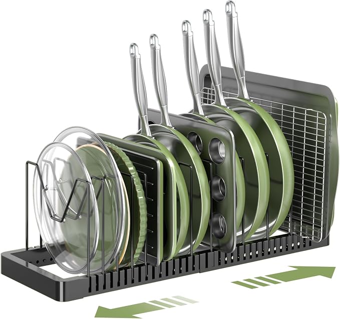 Pots and Pans Organizer under Cabinet, Expandable Pot Lid Organizer Holder with 14 Adjustable Compartment, Pan Organizers inside Cabinet for Lids, Bakeware, Kitchen Storage Pot Rack, Black