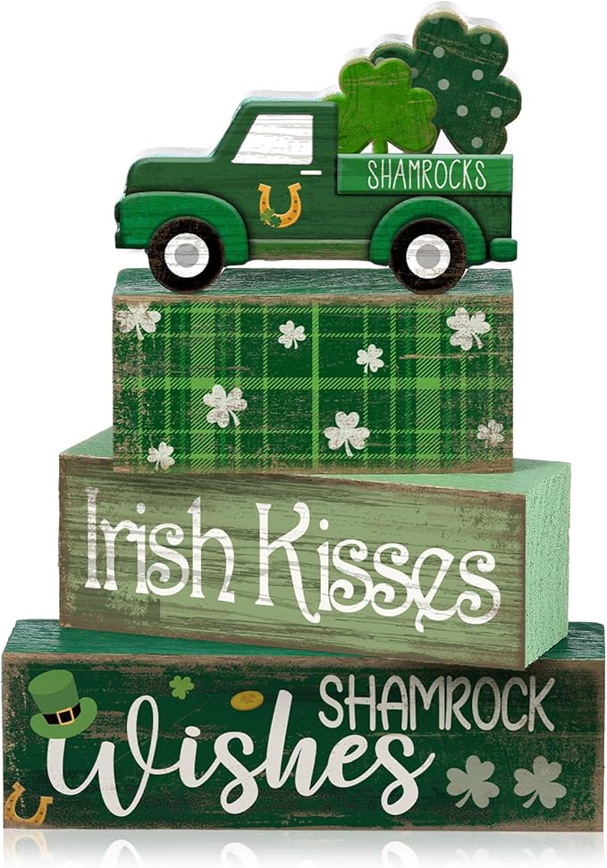 Lineshading 4 Pcs Wooden Shamrock Tiered Tray Decor St Patrick Block Signs | Green Truck Topper with Irish Kisses Blocks, Rustic Farmhouse Tabletop Decorations for Home, Stackable Display