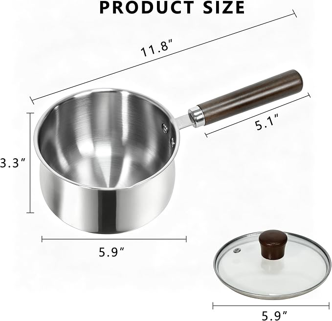 GREATLINK Small Sauce Pan with Lid and Wooden Handle for Cooking - 1 Quart Stainless Steel Saucepan with Pour Spout for Heating Milk, Melting Chocolate, Warming Sauces - Small Pot for All Cooktop