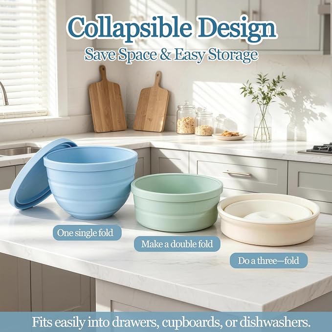 Foldable Silicone Bowl Liners for KitchenAid Tilt-Head 5 Qt Stand Mixers | 3-Pack Thicker 2mm Bowl Inserts with Lids, Cold/Heat-Resistant, Kitchen Aid Mixer Accessories and Attachments for Baking