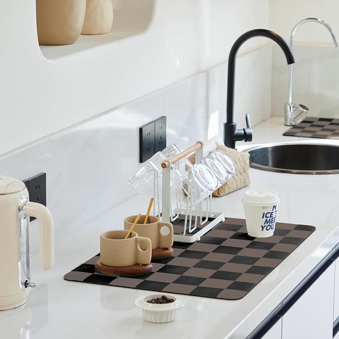 Ohocut Checkered Dish Drying Mat for Kitchen Counter, Coffee Bar Station Accessories, Retro Cute Aesthetic Modern Absorbent Drainer Mat Kitchen Drying Mat Easy Clean Brown, 24" x 16"