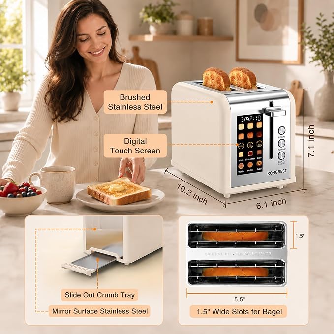 2 Slice Touch Screen Toaster Stainless Steel Wide Slots with Digital Touchscreen, Reheat & Defrost, Even Toasting for Family Breakfast Bagel & Bread, Easy Removable Crumb Tray, Cream Color