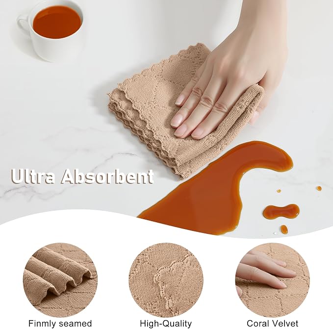 Homaxy Super Soft 12 Pack Kitchen Towels and Dishcloths Set, Tan | Ultra-Absorbent, 10 x 10 and 13 x 19 Inches, Coral Velvet, No Lint, Nonstick Oil, Fast Drying, Microfiber Cleaning Cloth