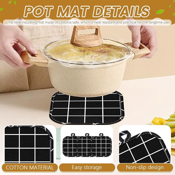 4pcs Pot Holders for Kitchen, Cotton Kitchen Hot Pads, Heat Resistant Oven Mitts and Pot Holders Sets (Black Grid,6)